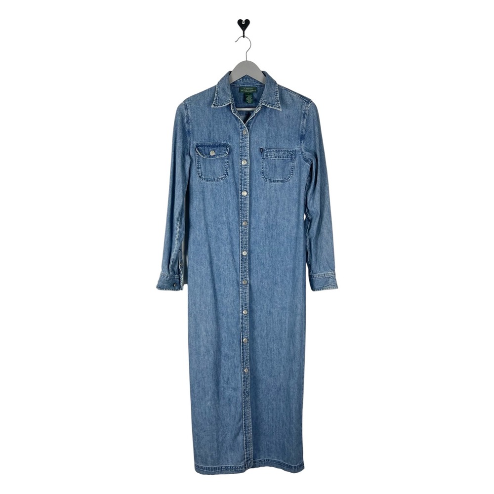 Lauren Ralph Lauren Denim Maxi Shirt Dress Medium Wash Cotton Blue 8 Petite 8P